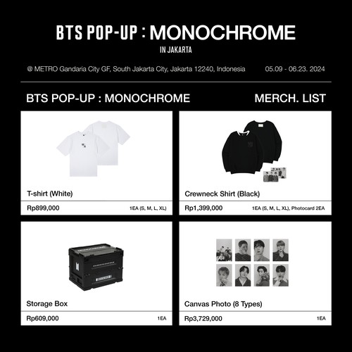 Katalog official merchandise BTS POP-UP: MONOCHROME IN JAKARTA.