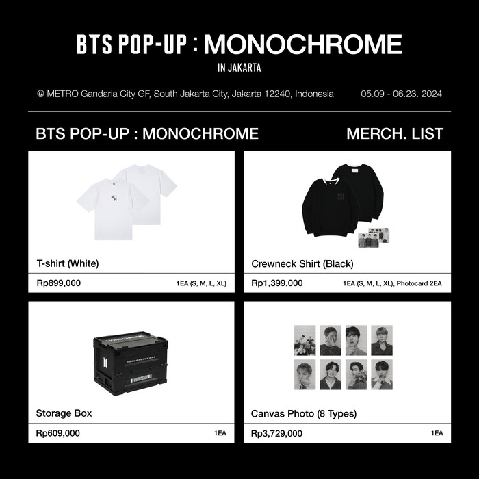 Katalog official merchandise BTS POP-UP: MONOCHROME IN JAKARTA.