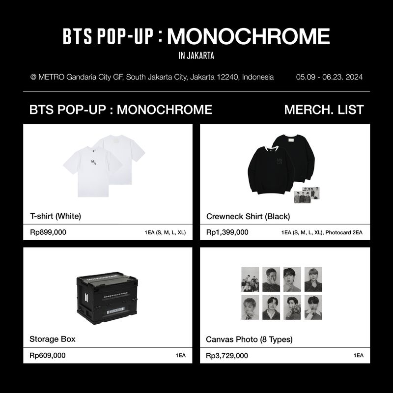 Katalog official merchandise BTS POP-UP: MONOCHROME IN JAKARTA.