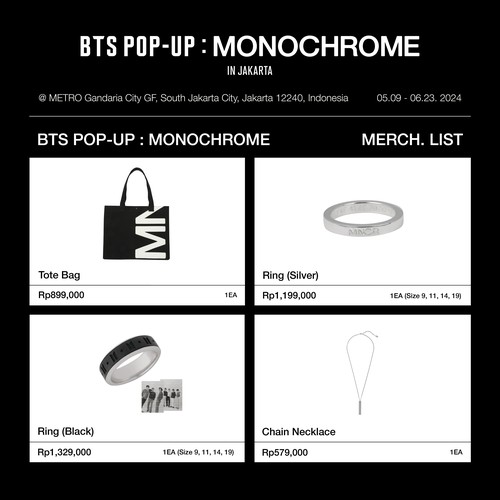 Katalog official merchandise BTS POP-UP: MONOCHROME IN JAKARTA.