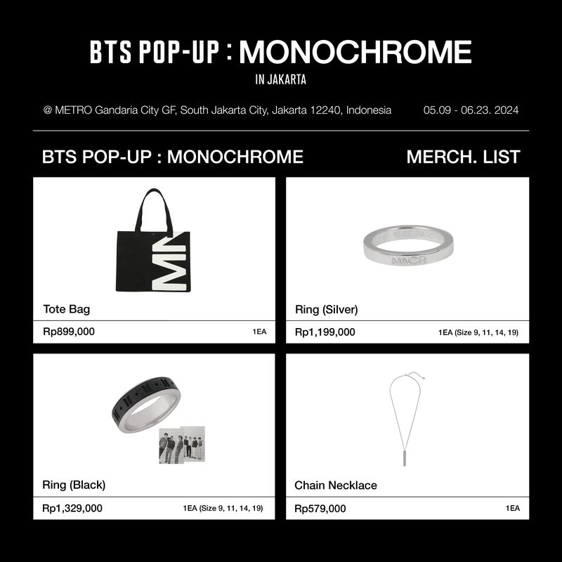 Katalog official merchandise BTS POP-UP: MONOCHROME IN JAKARTA.