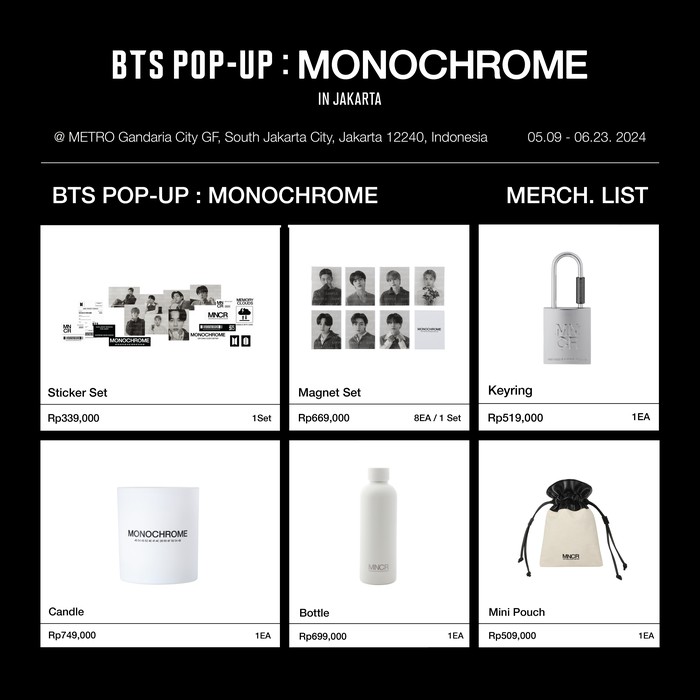 Katalog official merchandise BTS POP-UP: MONOCHROME IN JAKARTA.