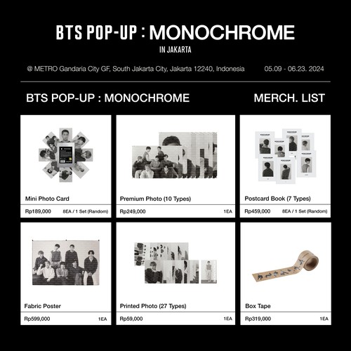 Katalog official merchandise BTS POP-UP: MONOCHROME IN JAKARTA.