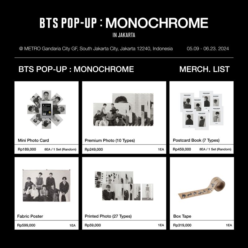 Katalog official merchandise BTS POP-UP: MONOCHROME IN JAKARTA.