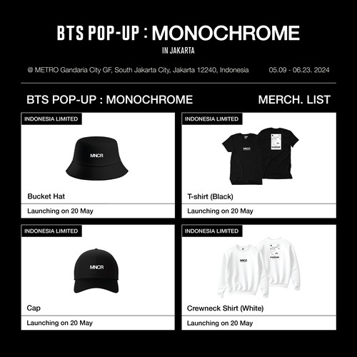 Katalog official merchandise BTS POP-UP: MONOCHROME IN JAKARTA.