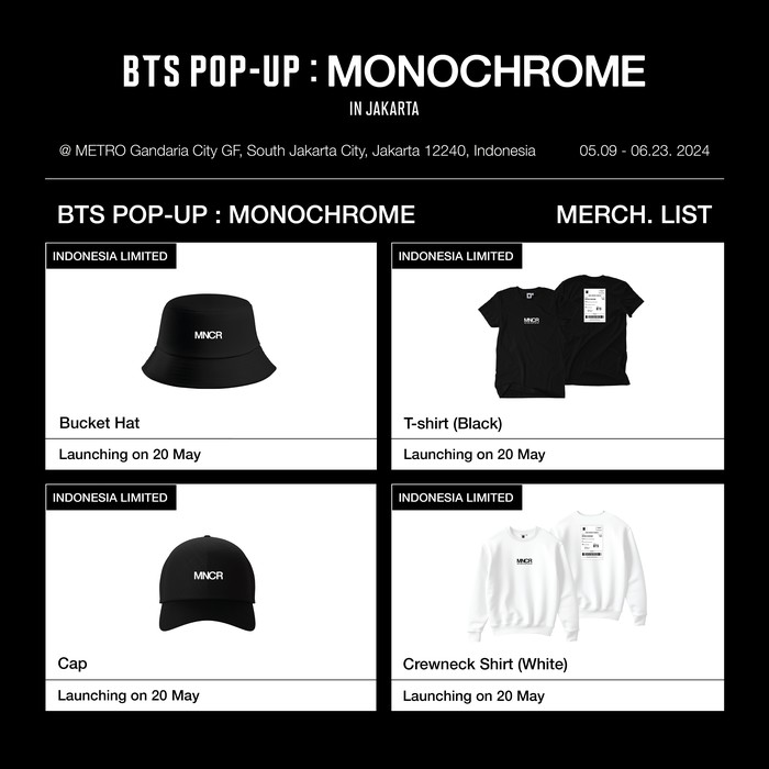 Katalog official merchandise BTS POP-UP: MONOCHROME IN JAKARTA.