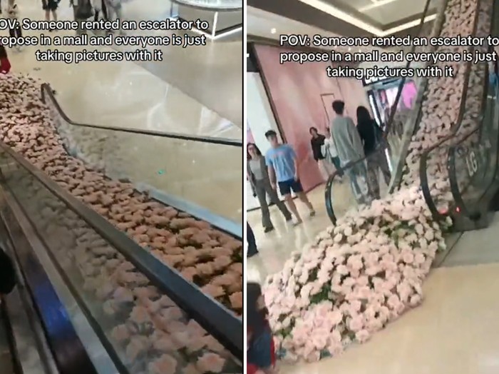 Dekorasi eskalator di mall ini bisa untuk lokasi lamaran pernikahan karena romantis penuh dengan bunga berwarna merah muda. Dekorasi eskalator mall tersebut mendadak viral di media sosial