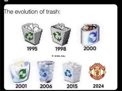 Meme evolusi tempat sampah di windows; sekarang jadi lambang MU. Foto: Dok. Internet/Twitter (X)