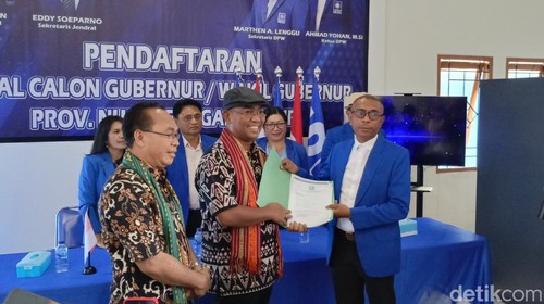 Orias Petrus Moedak dan Sebastian Salang mendaftar sebagai bacagub-bacawagub ke DPW PAN NTT, Selasa (7/5/2024). (Simon Selly/detikBali)