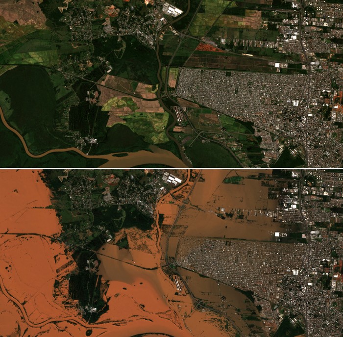 Citra Satelit Kondisi Sebelum dan Sesudah Banjir Dahsyat Menerjang Brasil A combination picture shows satellite views of an area in Porto Alegre, Rio Grande do Sul, Brazil, April 21, 2024, before flooding occurred (top) and on May 6, 2024 (bottom) after flooding occurred. European Union/Copernicus Sentinel-2/Handout via REUTERS THIS IMAGE HAS BEEN SUPPLIED BY A THIRD PARTY. MANDATORY CREDIT.