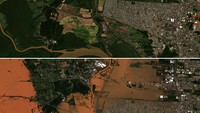 Gambar dari tanggal 21 April dibandingkan dengan gambar yang diambil pada hari Senin (6/5) di wilayah yang sama, termasuk ibu kota negara bagian Porto Alegre dan kota Sao Leopoldo. European Union/Copernicus Sentinel-2 via REUTERS