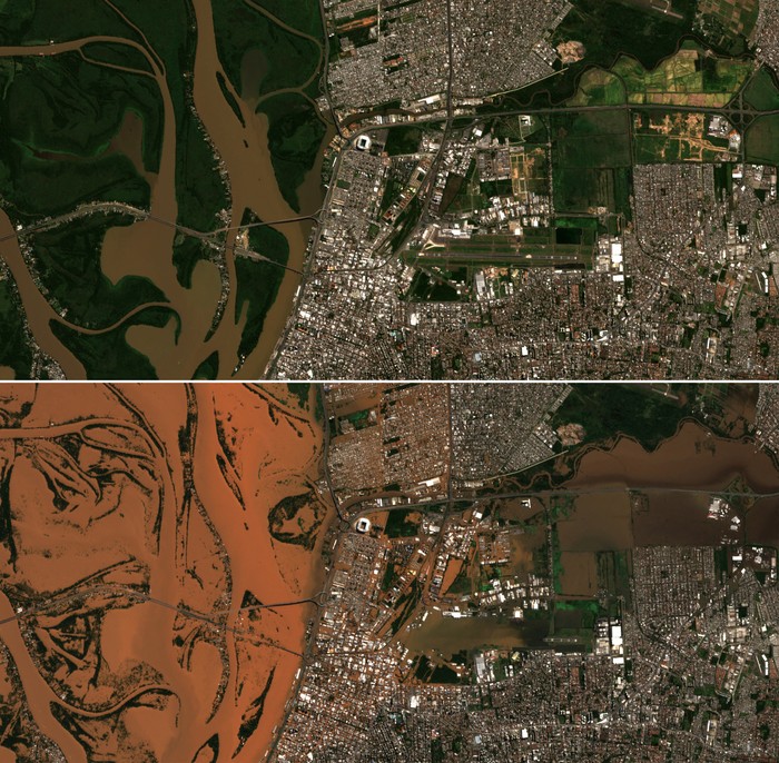 Citra Satelit Kondisi Sebelum dan Sesudah Banjir Dahsyat Menerjang Brasil A combination picture shows satellite views of an area in Porto Alegre, Rio Grande do Sul, Brazil, April 21, 2024, before flooding occurred (top) and on May 6, 2024 (bottom) after flooding occurred. European Union/Copernicus Sentinel-2/Handout via REUTERS THIS IMAGE HAS BEEN SUPPLIED BY A THIRD PARTY. MANDATORY CREDIT.