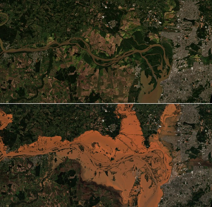 Citra Satelit Kondisi Sebelum dan Sesudah Banjir Dahsyat Menerjang Brasil A combination picture shows satellite views of an area in Porto Alegre, Rio Grande do Sul, Brazil, April 21, 2024, before flooding occurred (top) and on May 6, 2024 (bottom) after flooding occurred. European Union/Copernicus Sentinel-2/Handout via REUTERS THIS IMAGE HAS BEEN SUPPLIED BY A THIRD PARTY. MANDATORY CREDIT.