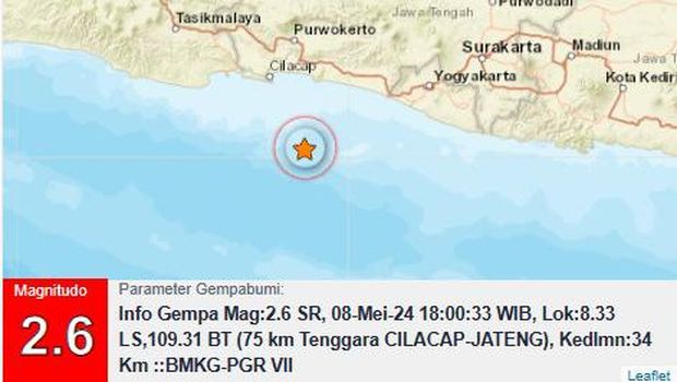 Gempa bumi magnitudo (M) 2,6 di perairan Cilacap, Rabu (8/5/2024) pukul 18.00 WIB.