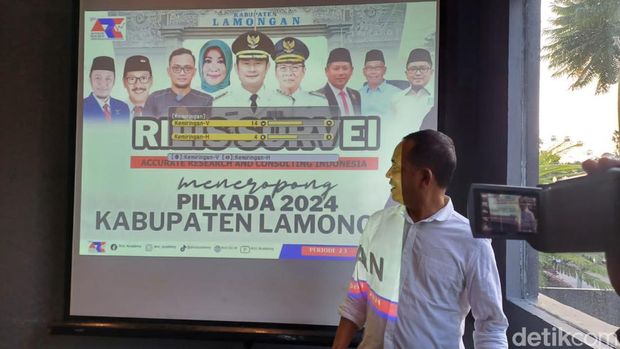 Direktur ARCI Baihaki Sirajt memaparkan survei Pilbup Lamongan