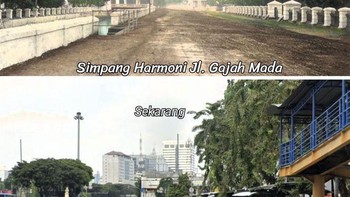 Potret Simpang Harmoni Jalan Gajah Mada di 1870 dengan sekarang. Foto: TikTok/@geminiranja