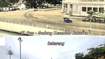 Penampakan jalan depan Gedung Jalan Kesenian Jakarta pada 1920 vs sekarang. Foto: TikTok/@geminiranja