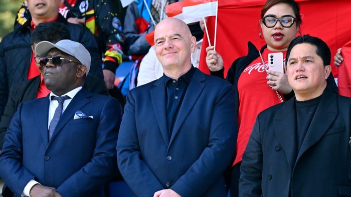 CLAIREFONTAINE-EN-YVELINES, FRANCE - MAY 09: (L-R) Aboubacar Sampil President of the Guinea Federation, Gianni Infantino President of Fifa and Erick Thohir President of the Indonesian Federation attend the Paris 2024 Olympic Games qualifier match between Indonesia U23 and Guinea U23 at Centre National du Football on May 09, 2024 in Clairefontaine-en-Yvelines, France. (Photo by Aurelien Meunier - FIFA/FIFA via Getty Images)