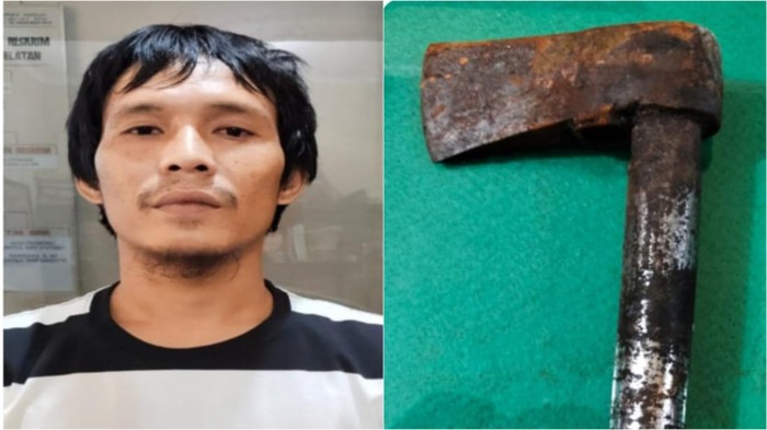 Boby dan barang bukti kapak diamankan polisi.
