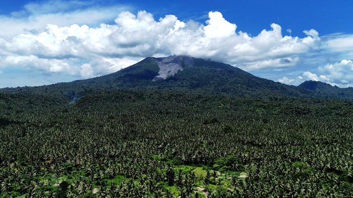 Foto udara kondisi Gunung Ibu pasca erupsi yang terlihat dari Desa Tokuoko Kabupaten Halmahera Barat, Maluku Utara, Kamis (9/5/2024). Pusat Vulkanologi dan Mitigasi Bencana Geologi (PVMBG) mengumumkan kenaikan status Gunung Ibu dari sebelumnya waspada level II menjadi siaga level III yang terhitungpada Rabu (8/5) pukul 10.00 WIT, sehingga masyarakat di daerah itu dihimbau agar tidak beraktivitas dalam radius 3 kilometer. ANTARA FOTO/Andri Saputra/YU
