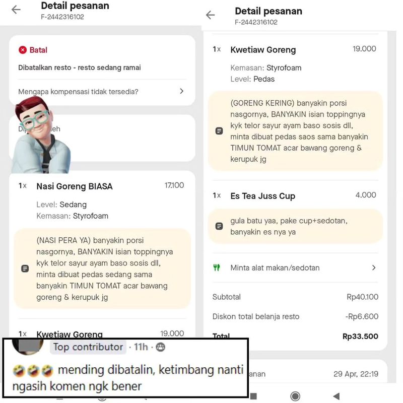 Kustomer banyak mau saat pesan nasi goreng via ojol