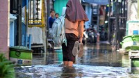 Seorang siswa melepas sepatu agar terhindar dari genangan banjir rob saat pulang dari sekolah.