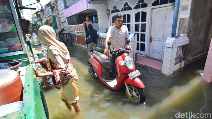 Suasana di kampung pesisir Surabaya saat banjir rob melanda.