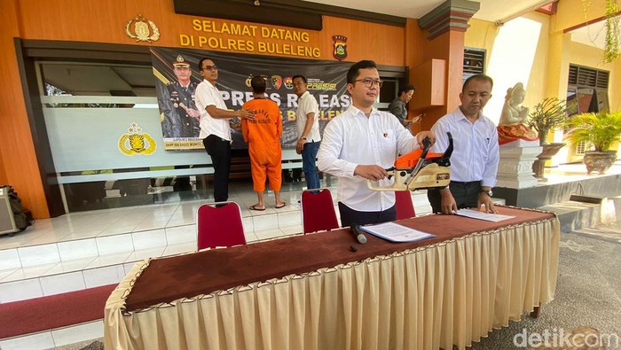 Polres Buleleng merilis pengungkapan kasus illegal logging di hutan lindung kawasan Desa Tukadsumaga, Gerokgak, Senin (13/5/2024).