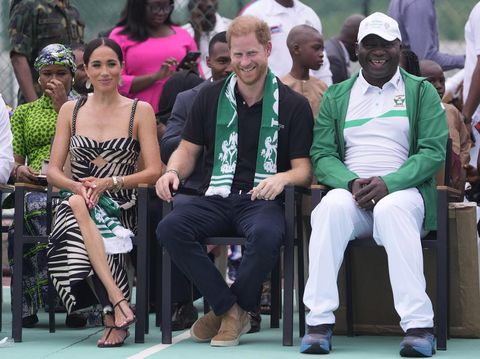 Meghan Markle Prince Harry, left, and Meghan, right, holding hands upon arrival at the government house in Lagos Nigeria, Sunday, May 12, 2024. Prince Harry and his wife Meghan are in Nigeria to champion the Invictus Games, which Prince Harry founded to aid the rehabilitation of wounded and sick servicemembers and veterans. (AP Photo/Sunday Alamba)