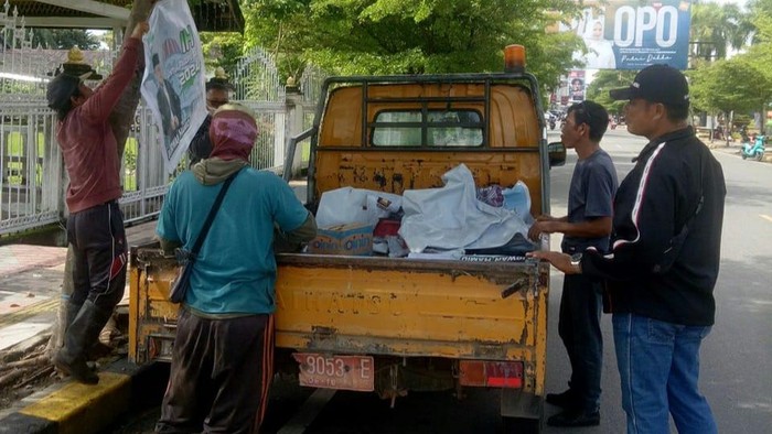 DLH Palopo menertibkan baliho cawalkot yang terpaku di pohon.