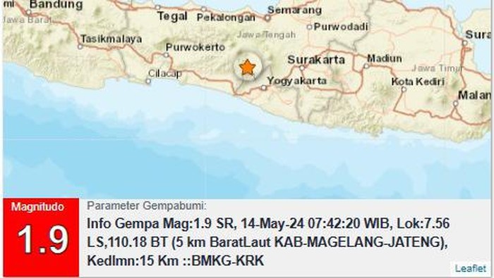 Gempa bumi magnitudo (M) 1,9 di Kabupaten Magelang, Jawa Tengah, Selasa (14/5/2024) pukul 07.42 WIB.