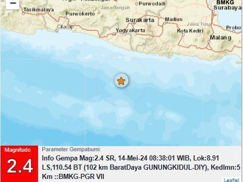 Gempa bumi magnitudo (M) 2,4 di perairan Gunungkidul, Selasa (14/5/2024) pukul 08.38 WIB.