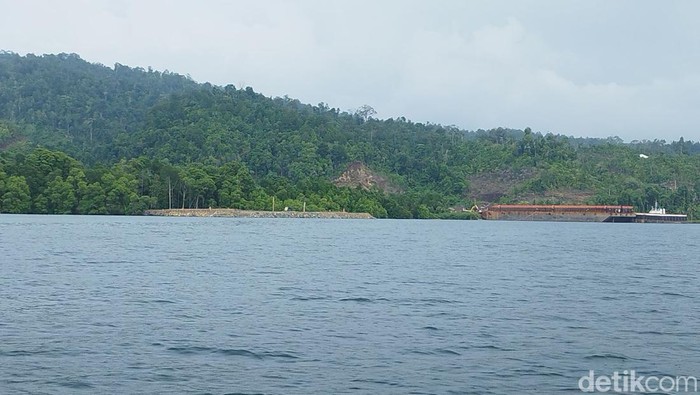 Aktivitas pengangkutan ore nikel melalui Dermaga Jetty di Desa Fritu, Kecamatan Weda Utara. Tampak hutan mangrove di areal jetty lenyap.