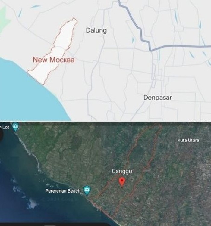 Peta Canggu yang dibubuhi penamaan New Москва dan viral di media sosial dan peta asli Desa Canggu. (kolase Agus Eka/detikBali)