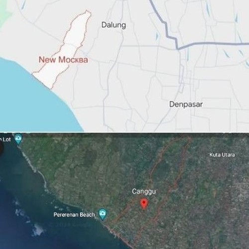 Peta Canggu yang dibubuhi penamaan New Москва dan viral di media sosial dan peta asli Desa Canggu. (kolase Agus Eka/detikBali)