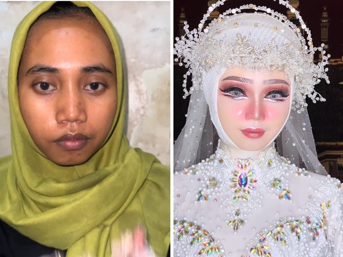 Transformasi perubahan wanita ini sebelum dan sesudah makeup, hasilnya bikin pangling. Makeup pengantin wanita ini mendadak viral di TikTok