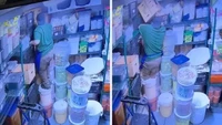 Stok bahan makanan disimpan dalam ember besar dan disusun bertumpuk. Eh, tapi kok malah dijadikan tangga ya oleh pegawai restoran? Foto: BuzzFeed