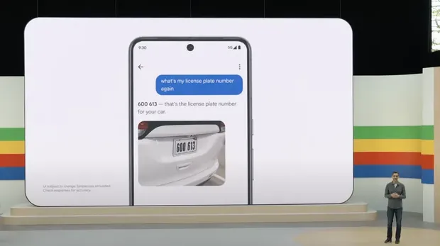 CEO Google Sundar Pichai memamerkan kemampuan Gemini memeriksa foto di HP untuk mencari informasi tertentu.
