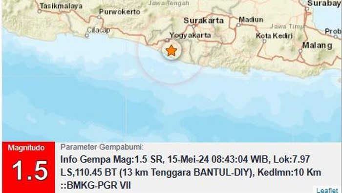 Gempa M 1,5 di Bantul, Rabu (15/5/2024) pukul 08.43 WIB.