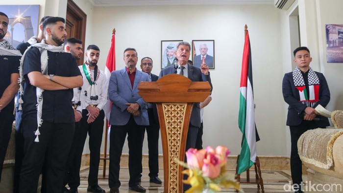 Peringatan 76 tahun Al-Nakba digelar di Kedutaan Besar Palestina, Jakarta, Rabu (15/5/2024). Nakba adalah peristiwa pengusiran 750 ribu warga Palestina pada 14 Mei 1948.