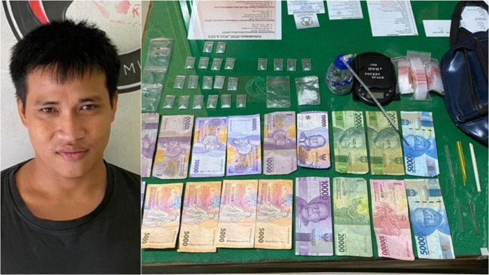 Reza dan barang bukti saat diamankan di kantor polisi.