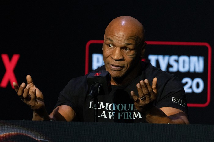 Boxers Mike Tyson and Jake Paul face off during a news conference, ahead of their sanctioned professional fight set to take place at AT&T Stadium in Arlington, Texas on July 20, in New York City, U.S., May 13, 2024. REUTERS/David Dee Delgado