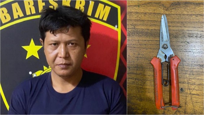 Jumantoro dan barang bukti gunting yang dipakai menganiaya tetangga karena suka bergosip.