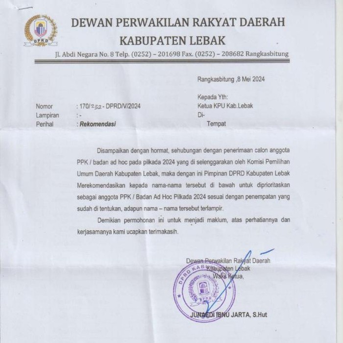 Keterangan foto: Tangkapan layar surat rekomendasi DPRD Lebak ke KPU Lebak. (Foto: istimewa)