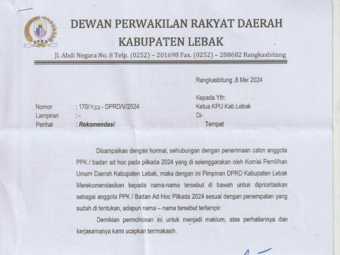 Beredar Surat Rekomendasi DPRD Lebak Titip Calon PPK ke KPU