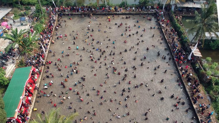 Meriahnya Tradisi Ngubek Empang di Depok Foto udara sejumlah warga menangkap ikan saat tradisi Ngubek Empang di Cilodong, Depok, Jawa Barat, Kamis (16/5/2024). Pemerintah Kota (Pemkot) Depok menggelar kegiatan tradisi Ngubek Empang dalam rangka melestarikan tradisi dan budaya Betawi di Kota Depok. ANTARA FOTO/Yulius Satria Wijaya/tom.