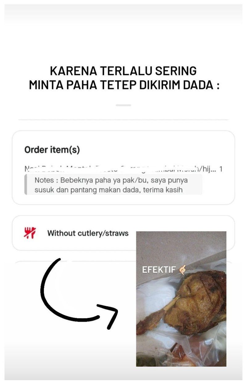Pesanan makanan ojol ini catatannya mirip esai