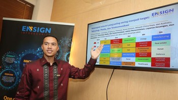 Head of Consulting, Ensign InfoSecurity Indonesia, Adithya Nugraputra memaparkan hasil temuan dalam Cyber Threat Landscape Report edisi kelima Ensign InfoSecurity pada acara Media Briefing Eksklusif yang berlangsung di Jakarta, Rabu (15/5/24).  