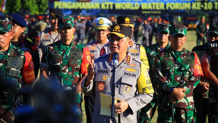 TNI dan Polri menggelar apel gelar pasukan pengamanan Konferensi Tingkat Tinggi (KTT) World Water Forum (WWF) ke-10 di Bali pada 18-25 Mei 2024. (Dok. Ist)