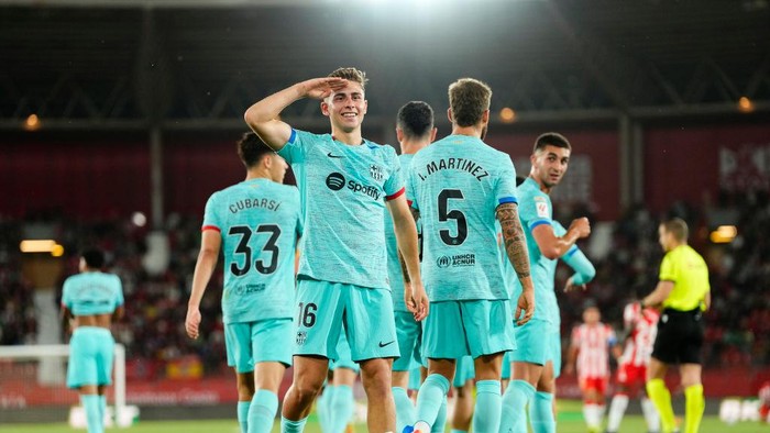 Fermin Lopez attacking midfield of Barcelona and Spain celebrates after scoring his sides first goal during the LaLiga EA Sports match between UD Almeria and FC Barcelona at Juegos Mediterraneos on May 16, 2024 in Almeria, Spain. (Photo by Jose Breton/Pics Action/NurPhoto via Getty Images)